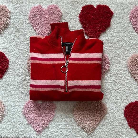 Forever 21 Sweaters - Forever 21 Red and Pink Striped Zip Sweater